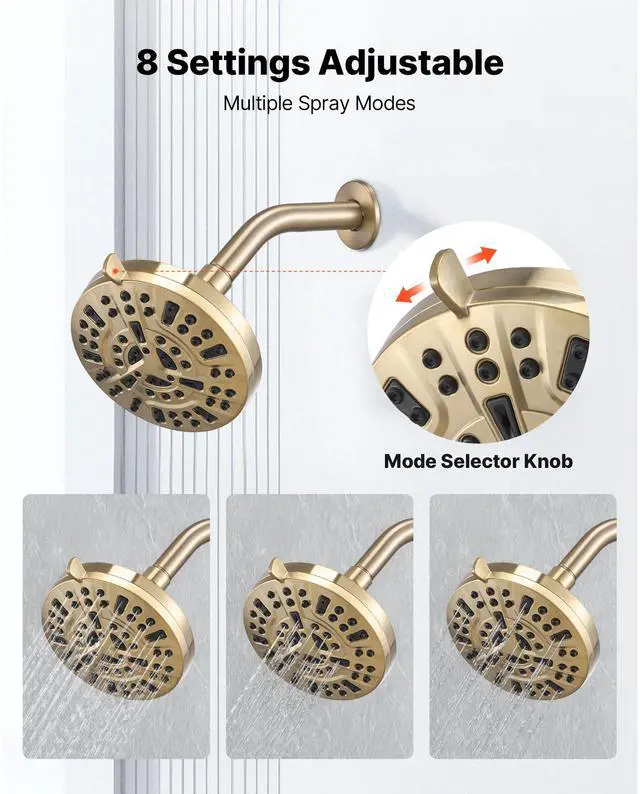 Alt view image 6 of 8 - VEVOR Tub and Shower Faucet Set, Complete with 5-Inch Rainfall Shower Head and Bathtub Spout, 8-Setting Adjustable Spray, Single-Handle Tub Trim Kit with Brass Pressure Balancing Valve, Gold Finish