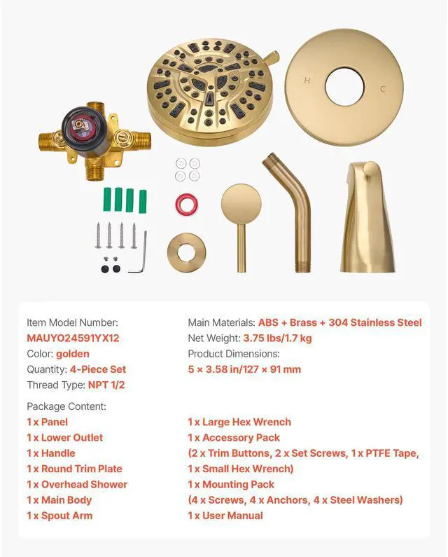 Alt view image 8 of 8 - VEVOR Tub and Shower Faucet Set, Complete with 5-Inch Rainfall Shower Head and Bathtub Spout, 8-Setting Adjustable Spray, Single-Handle Tub Trim Kit with Brass Pressure Balancing Valve, Gold Finish