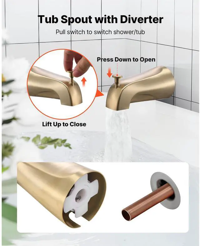 Alt view image 7 of 8 - VEVOR Tub and Shower Faucet Set, Complete with 5-Inch Rainfall Shower Head and Bathtub Spout, 8-Setting Adjustable Spray, Single-Handle Tub Trim Kit with Brass Pressure Balancing Valve, Gold Finish