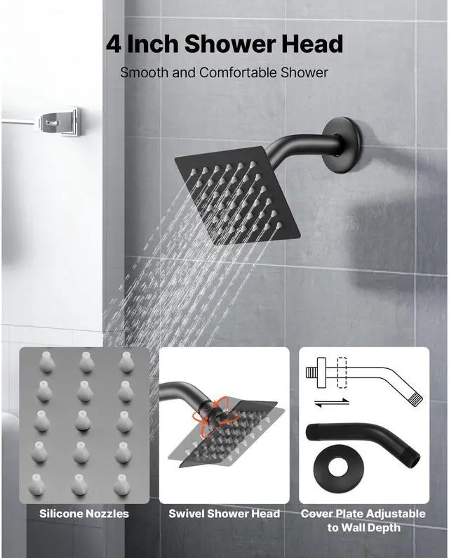 Alt view image 5 of 8 - VEVOR Tub and Shower Faucet Set Bathtub Faucet Package with Valve 4 Inch Black