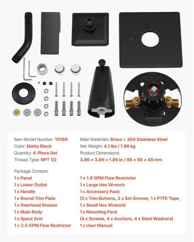 Alt view image 8 of 8 - VEVOR Tub and Shower Faucet Set Bathtub Faucet Package with Valve 4 Inch Black