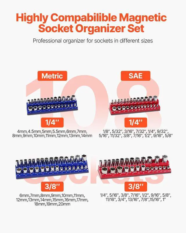 Alt view image 9 of 14 - Magnetic Socket Organizer Set 4PCS Socket Trays Blue & Red for Metric SAE