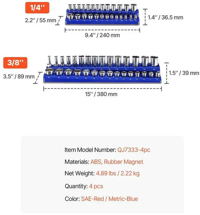 Alt view image 14 of 14 - Magnetic Socket Organizer Set 4PCS Socket Trays Blue & Red for Metric SAE