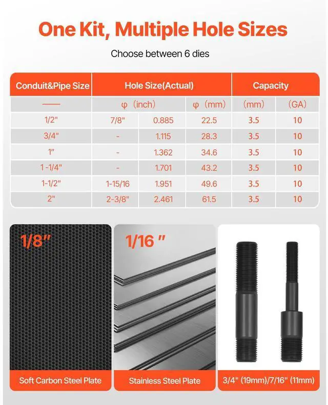 Alt view image 3 of 8 - VEVOR Knockout Punch Set, 10 Ton Hydraulic Knockout Set, 1/2" to 2" KO Tool Kit Hole Making Tool, KO Tools Kit W/6 Dies for Metal Electrical Cabinets, Electrical Control Cabinets, Switch Cabinets