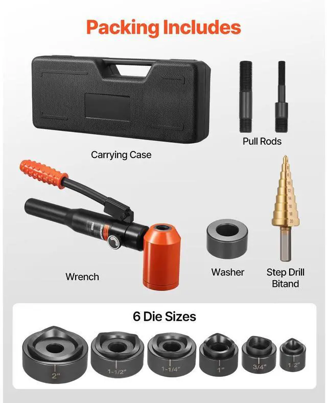 Alt view image 8 of 8 - VEVOR Knockout Punch Set, 10 Ton Hydraulic Knockout Set, 1/2" to 2" KO Tool Kit Hole Making Tool, KO Tools Kit W/6 Dies for Metal Electrical Cabinets, Electrical Control Cabinets, Switch Cabinets