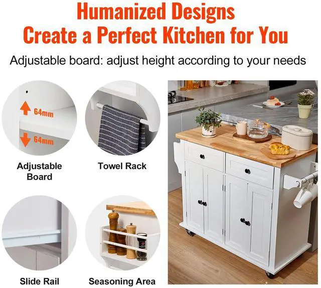 Alt view image 9 of 14 - VEVOR Kitchen Island Cart with Solid Wood Top, 35.4" Width Mobile Carts with Storage Cabinet, Rolling Kitchen Table with Spice Rack, Towel Rack, and Drawer, Portable Islands on Wheels, White