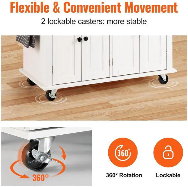 Alt view image 10 of 14 - VEVOR Kitchen Island Cart with Solid Wood Top, 35.4" Width Mobile Carts with Storage Cabinet, Rolling Kitchen Table with Spice Rack, Towel Rack, and Drawer, Portable Islands on Wheels, White