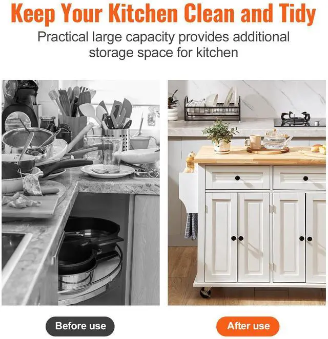 Alt view image 11 of 14 - VEVOR Kitchen Island Cart with Solid Wood Top, 35.4" Width Mobile Carts with Storage Cabinet, Rolling Kitchen Table with Spice Rack, Towel Rack, and Drawer, Portable Islands on Wheels, White