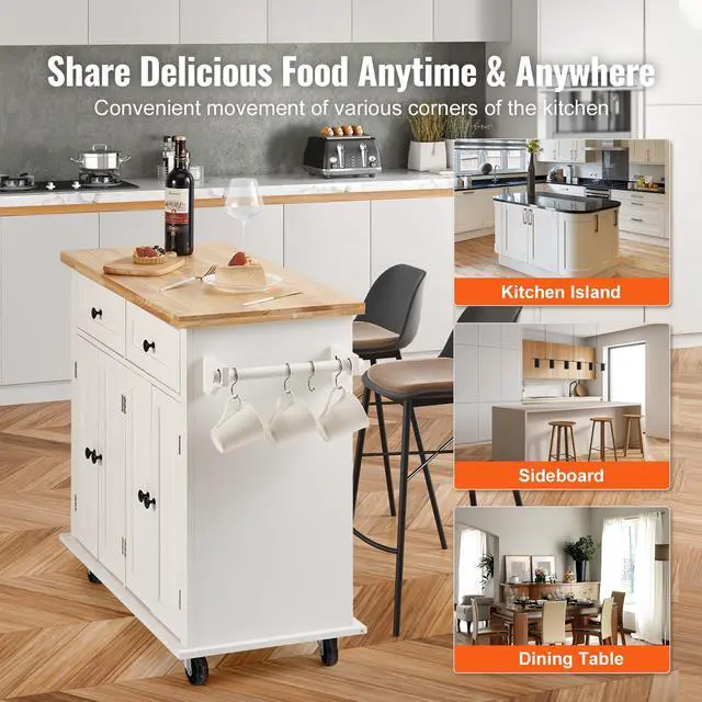 Alt view image 12 of 14 - VEVOR Kitchen Island Cart with Solid Wood Top, 35.4" Width Mobile Carts with Storage Cabinet, Rolling Kitchen Table with Spice Rack, Towel Rack, and Drawer, Portable Islands on Wheels, White