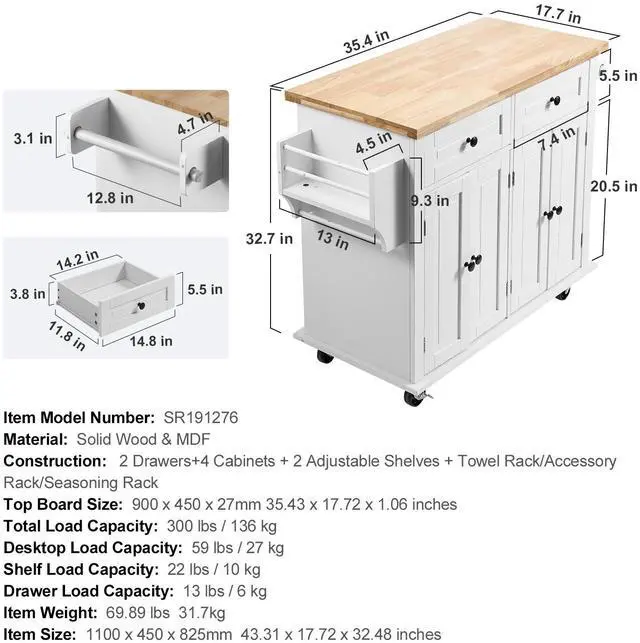 Alt view image 14 of 14 - VEVOR Kitchen Island Cart with Solid Wood Top, 35.4" Width Mobile Carts with Storage Cabinet, Rolling Kitchen Table with Spice Rack, Towel Rack, and Drawer, Portable Islands on Wheels, White