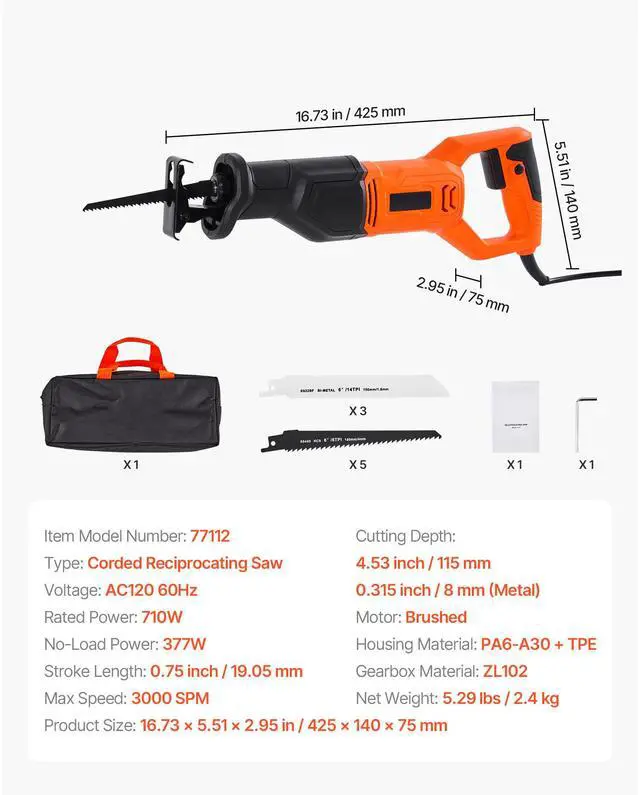 Alt view image 8 of 8 - VEVOR Corded Reciprocating Saw Electric Reciprocating Saw 120V 6 Amp 3000 SPM