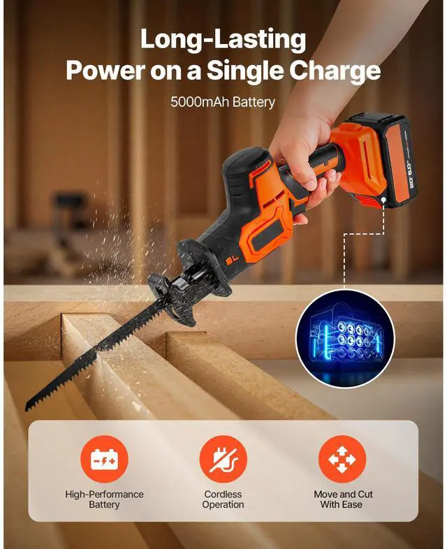 Alt view image 3 of 8 - VEVOR Cordless Reciprocating Saw, 20 V, 3000 SPM Variable Speed, 1 inch Stroke Length, Electric Reciprocating Saw with Battery, Charger, 8 Blades, and Carrying Bag, for Wood, Metal and Plastic Cutting