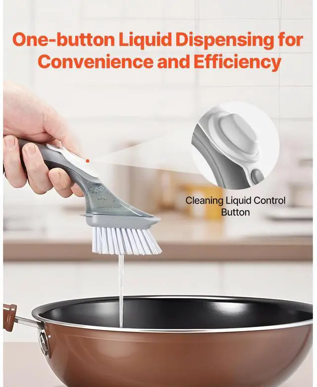 Alt view image 9 of 14 - VEVOR Soap Dispensing Dish Brush, Kitchen Scrub Brushes with 3 Brush Heads, Dish Cleaning Brushes with PP Handle and Curved Bristles, Ideal for Pots, Pans, Sink and Stove