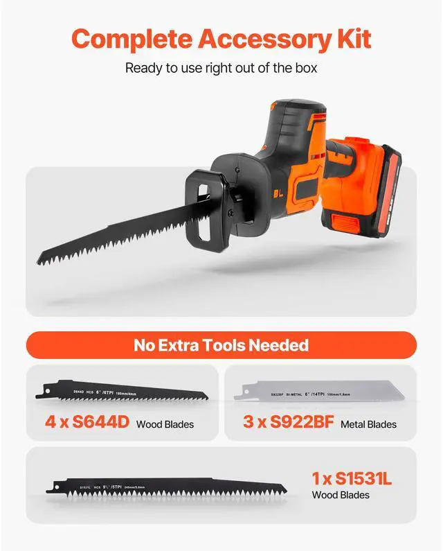 Alt view image 7 of 8 - VEVOR Cordless Reciprocating Saw, 20 V, 3000 SPM Variable Speed, 1 inch Stroke Length, Electric Reciprocating Saw with Battery, Charger, 8 Blades, and Carrying Bag, for Wood, Metal and Plastic Cutting