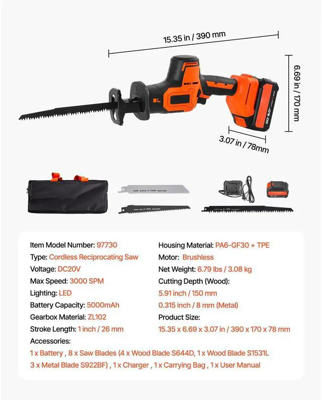 Alt view image 8 of 8 - VEVOR Cordless Reciprocating Saw, 20 V, 3000 SPM Variable Speed, 1 inch Stroke Length, Electric Reciprocating Saw with Battery, Charger, 8 Blades, and Carrying Bag, for Wood, Metal and Plastic Cutting