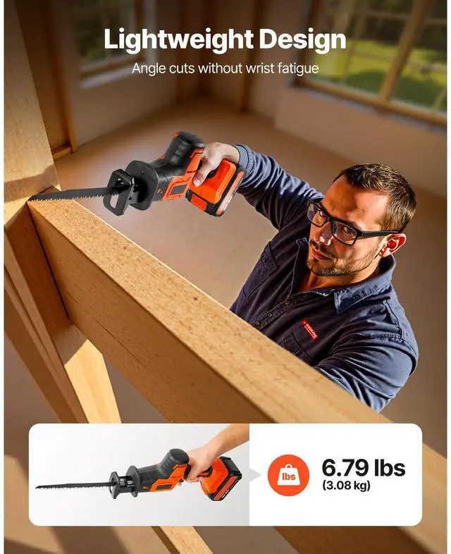 Alt view image 6 of 8 - VEVOR Cordless Reciprocating Saw, 20 V, 3000 SPM Variable Speed, 1 inch Stroke Length, Electric Reciprocating Saw with Battery, Charger, 8 Blades, and Carrying Bag, for Wood, Metal and Plastic Cutting