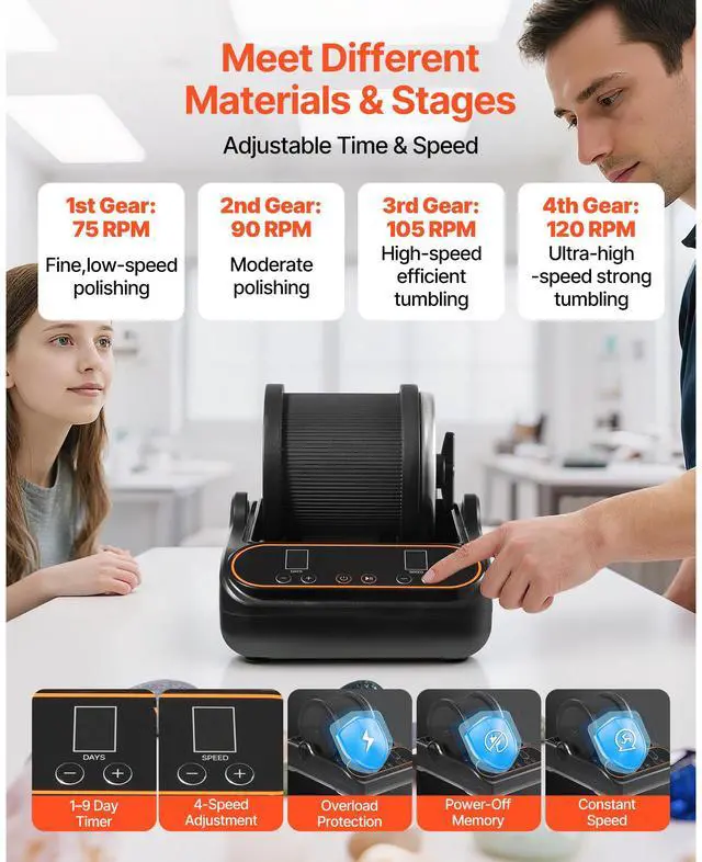 Alt view image 5 of 8 - VEVOR Rock Tumbler, 2 lb Rock Polishing Machine, Rocks Tumbling Kit with 4-Speed Adjustment, 19 Day Timer, PC Sound Reduction Cover & TPU Drum, Direct Drive Motor Rocks Polishing, Quiet Operation