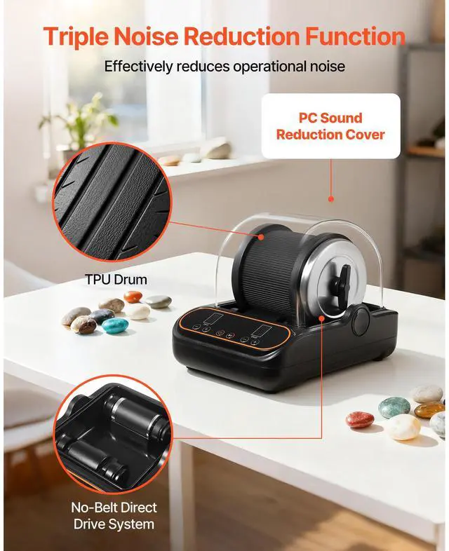 Alt view image 4 of 8 - VEVOR Rock Tumbler, 2 lb Rock Polishing Machine, Rocks Tumbling Kit with 4-Speed Adjustment, 19 Day Timer, PC Sound Reduction Cover & TPU Drum, Direct Drive Motor Rocks Polishing, Quiet Operation