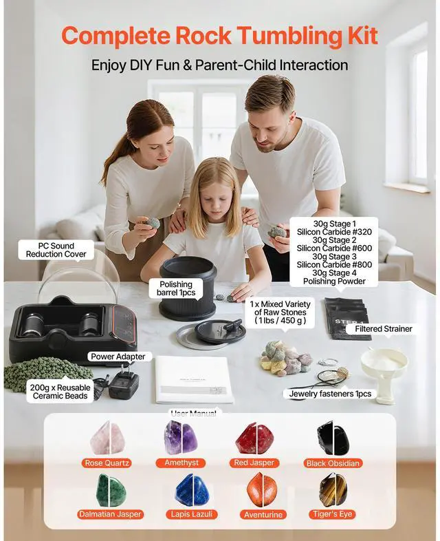 Alt view image 7 of 8 - VEVOR Rock Tumbler, 2 lb Rock Polishing Machine, Rocks Tumbling Kit with 4-Speed Adjustment, 19 Day Timer, PC Sound Reduction Cover & TPU Drum, Direct Drive Motor Rocks Polishing, Quiet Operation