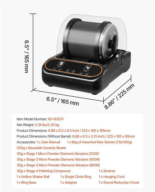 Alt view image 8 of 8 - VEVOR Rock Tumbler, 2 lb Rock Polishing Machine, Rocks Tumbling Kit with 4-Speed Adjustment, 19 Day Timer, PC Sound Reduction Cover & TPU Drum, Direct Drive Motor Rocks Polishing, Quiet Operation