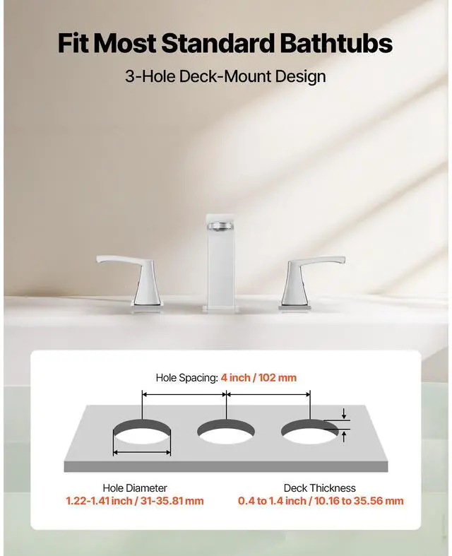 Alt view image 4 of 8 - VEVOR Roman Tub Faucet, 3 Hole Waterfall Bathtub Faucet, Bath Tubs Faucets Set with 2 Handles, Roman Tub Faucets Deck Mount for Pet Washing, Baby Care, Adult Bathing, Silver, Right-Angle Tub Faucet