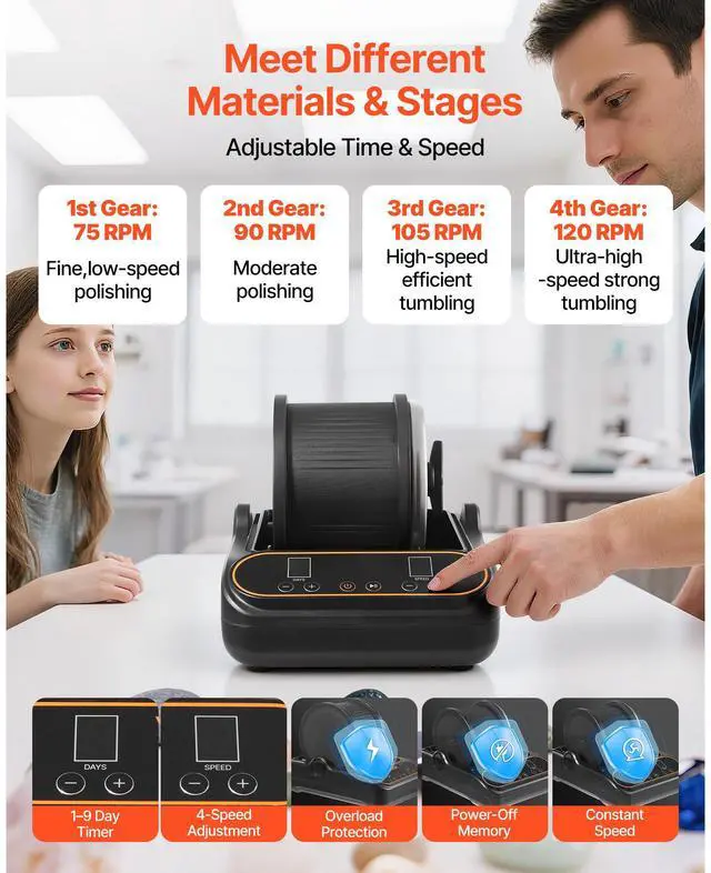 Alt view image 5 of 8 - VEVOR Rock Tumbler, 3 lb Rock Polishing Machine, Rocks Tumbling Kit with 4-Speed Adjustment, 19 Day Timer, PC Sound Reduction Cover & TPU Drum, Direct Drive Motor Rocks Polishing, Quiet Operation