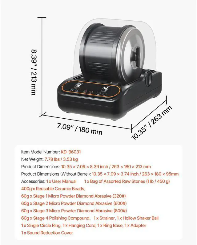 Alt view image 8 of 8 - VEVOR Rock Tumbler, 3 lb Rock Polishing Machine, Rocks Tumbling Kit with 4-Speed Adjustment, 19 Day Timer, PC Sound Reduction Cover & TPU Drum, Direct Drive Motor Rocks Polishing, Quiet Operation