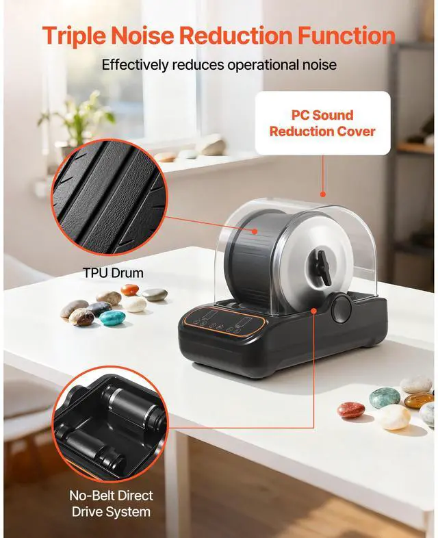 Alt view image 4 of 8 - VEVOR Rock Tumbler, 3 lb Rock Polishing Machine, Rocks Tumbling Kit with 4-Speed Adjustment, 19 Day Timer, PC Sound Reduction Cover & TPU Drum, Direct Drive Motor Rocks Polishing, Quiet Operation