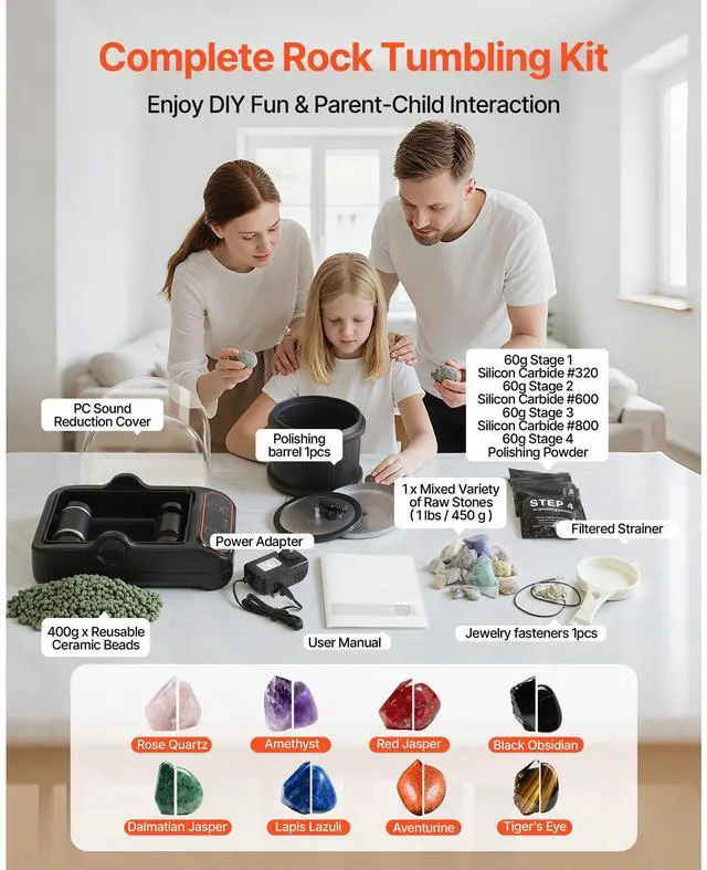 Alt view image 7 of 8 - VEVOR Rock Tumbler, 3 lb Rock Polishing Machine, Rocks Tumbling Kit with 4-Speed Adjustment, 19 Day Timer, PC Sound Reduction Cover & TPU Drum, Direct Drive Motor Rocks Polishing, Quiet Operation