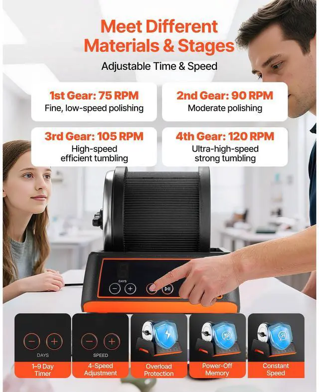 Alt view image 5 of 8 - VEVOR Rock Tumbler Kit, 2 lbs Rock Polishing Kit, 4 Speed Settings 9-Day Polishing Timer Stone Polishing Kit, Rock Polisher with Rough Gemstones and Polishing Grits, Rock Polisher for Adults Kids