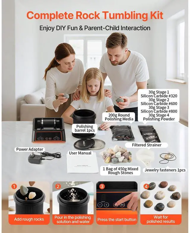 Alt view image 7 of 8 - VEVOR Rock Tumbler Kit, 2 lbs Rock Polishing Kit, 4 Speed Settings 9-Day Polishing Timer Stone Polishing Kit, Rock Polisher with Rough Gemstones and Polishing Grits, Rock Polisher for Adults Kids