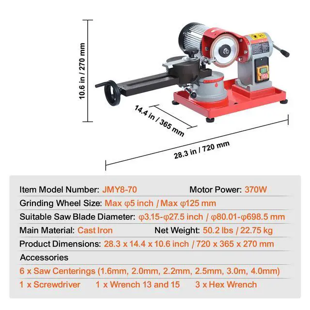 Alt view image 14 of 14 - VEVOR Circular Saw Blade Sharpener, 370W 3600RPM Rotary Angle Mill Grinder, Saw Blade Grinding Sharpening Machine with 6 Saw Centerings, 5-inch Grinding Wheel for Carbide Tipped Saw Blades