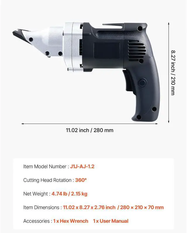 Alt view image 8 of 8 - VEVOR Electric Metal Shear, 4.0-Amp Corded Sheet Metal Cutter with 360-Degree Swivel Head, Variable Speed, Continuous Cutting, Clean Cut for 18GA Galvanized Steel, 20 GA Stainless Steel, 2500 SPM
