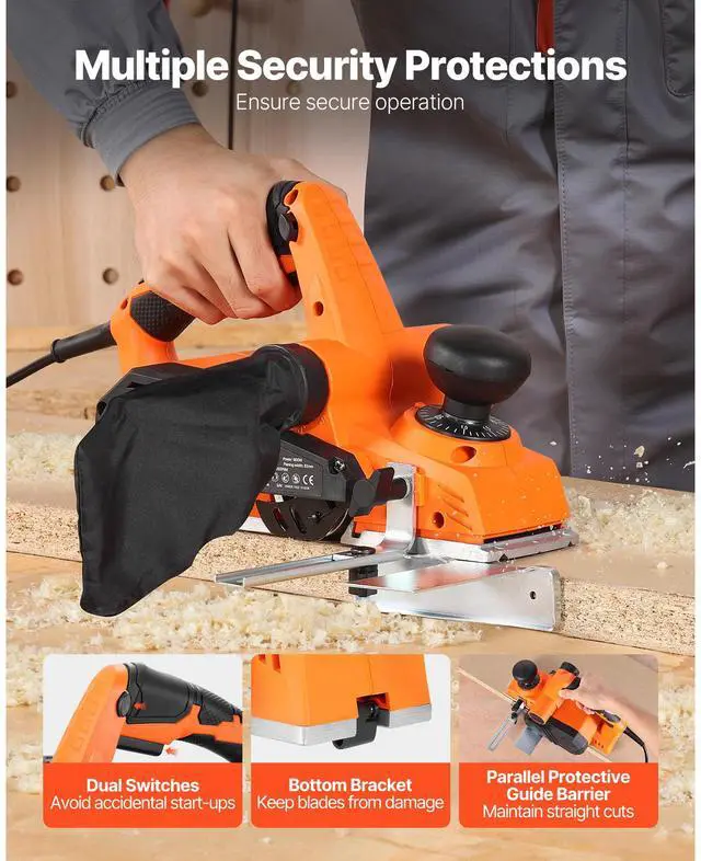 Alt view image 6 of 8 - VEVOR Electric Hand Planer, 3-1/4-Inch Cut Width, 7-Amp 14500 RPM Corded Power Handheld Planer for Wood, with Adjustable Cut Depth, 2 Blades, for Woodworking Wood Chamfer DIY Smooth Finish Carpentry