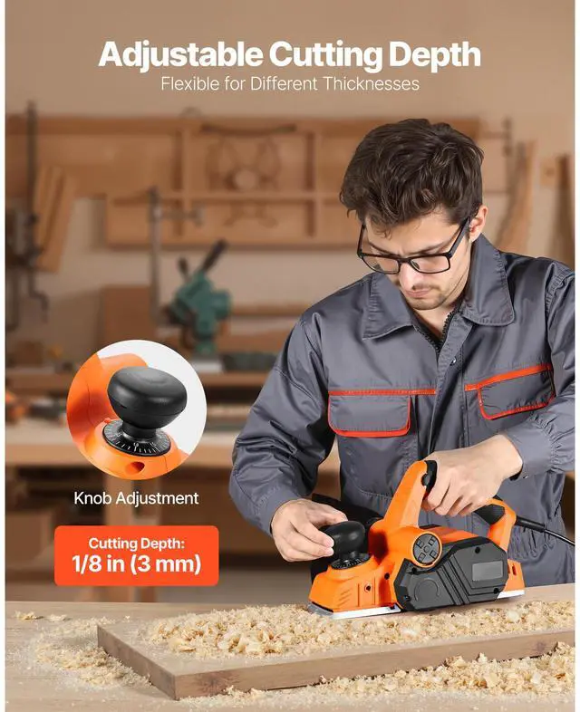Alt view image 5 of 8 - VEVOR Electric Hand Planer, 3-1/4-Inch Cut Width, 7-Amp 14500 RPM Corded Power Handheld Planer for Wood, with Adjustable Cut Depth, 2 Blades, for Woodworking Wood Chamfer DIY Smooth Finish Carpentry