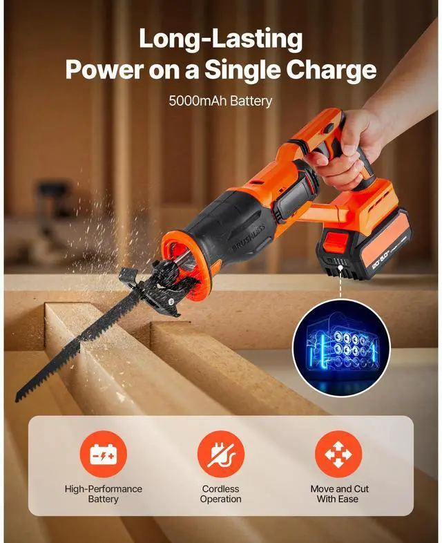 Alt view image 3 of 8 - VEVOR Cordless Reciprocating Saw, 20 V, 3000 SPM Variable Speed, 1 inch Stroke Length, Electric Reciprocating Saw with Battery, Charger, 8 Blades, and Carrying Bag, for Wood and Plastic Cutting