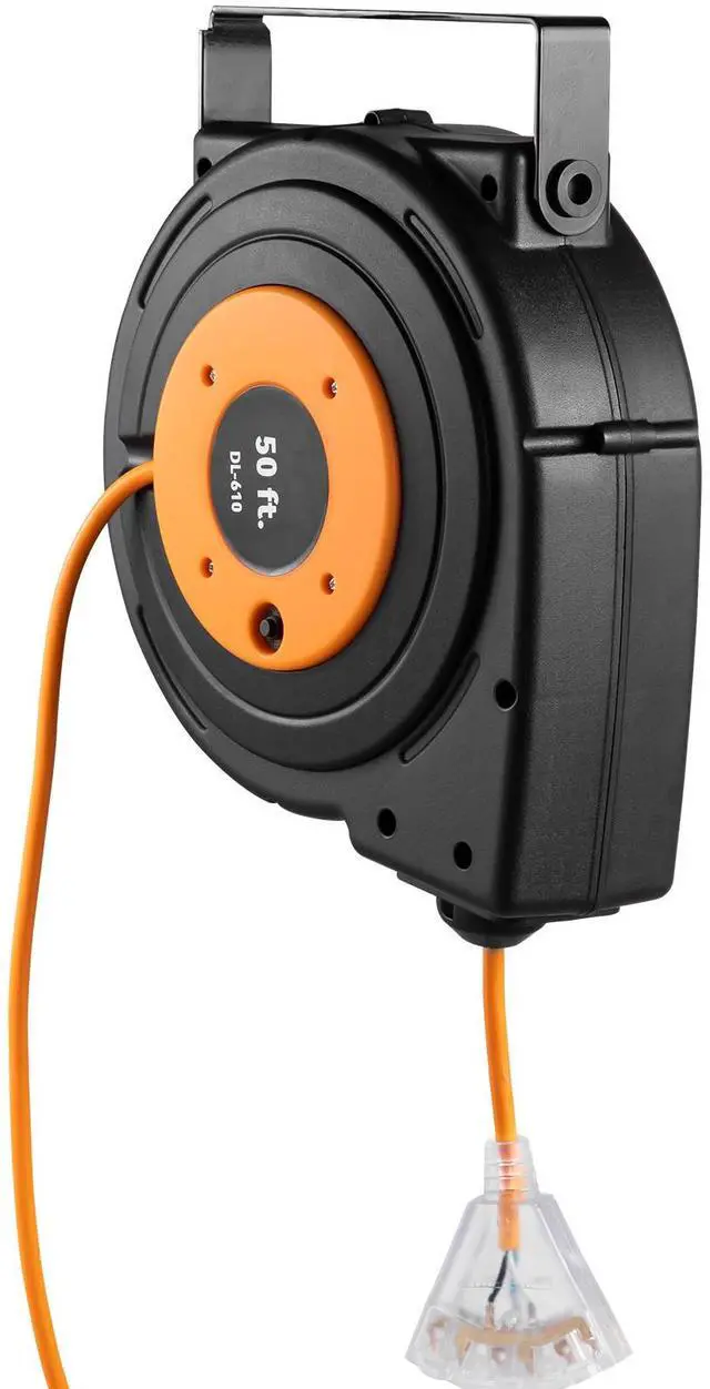 Alt view image 9 of 15 - VEVOR Retractable Extension Reel, 50 FT Heavy Duty 14AWG/3C SJTOW Power Cord with Lighted Triple Tap Outlet, 13 Amp Circuit Breaker, 180 Swivel Bracket for Ceiling or Wall Mount, UL Listed, Black