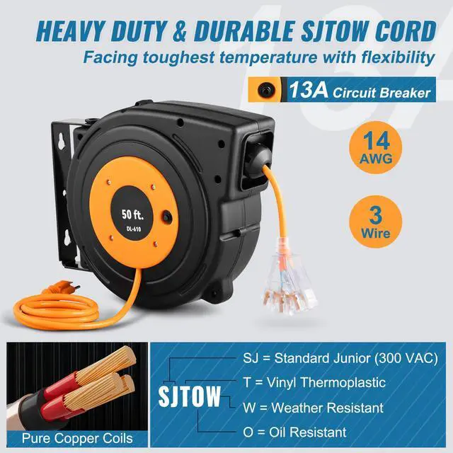 Alt view image 11 of 15 - VEVOR Retractable Extension Reel, 50 FT Heavy Duty 14AWG/3C SJTOW Power Cord with Lighted Triple Tap Outlet, 13 Amp Circuit Breaker, 180 Swivel Bracket for Ceiling or Wall Mount, UL Listed, Black