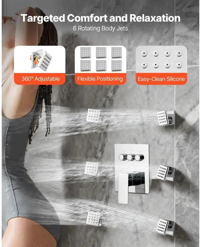 Alt view image 5 of 8 - VEVOR Shower Faucet Set, 10 Inch Ceiling Mount Rainfall Shower System with 6 Body Jets and 2 in 1 Handheld Spray, Rotatable 3-Function Rain Head System Set, Complete Brass Valve and Trim Kit, Chrome