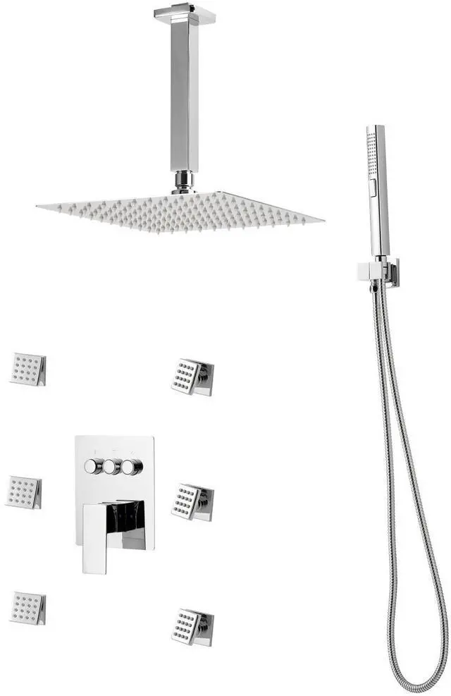 Alt view image 2 of 8 - VEVOR Shower Faucet Set, 10 Inch Ceiling Mount Rainfall Shower System with 6 Body Jets and 2 in 1 Handheld Spray, Rotatable 3-Function Rain Head System Set, Complete Brass Valve and Trim Kit, Chrome