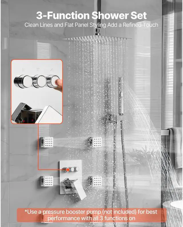 Alt view image 3 of 8 - VEVOR Shower Faucet Set, 10 Inch Ceiling Mount Rainfall Shower System with 6 Body Jets and 2 in 1 Handheld Spray, Rotatable 3-Function Rain Head System Set, Complete Brass Valve and Trim Kit, Chrome