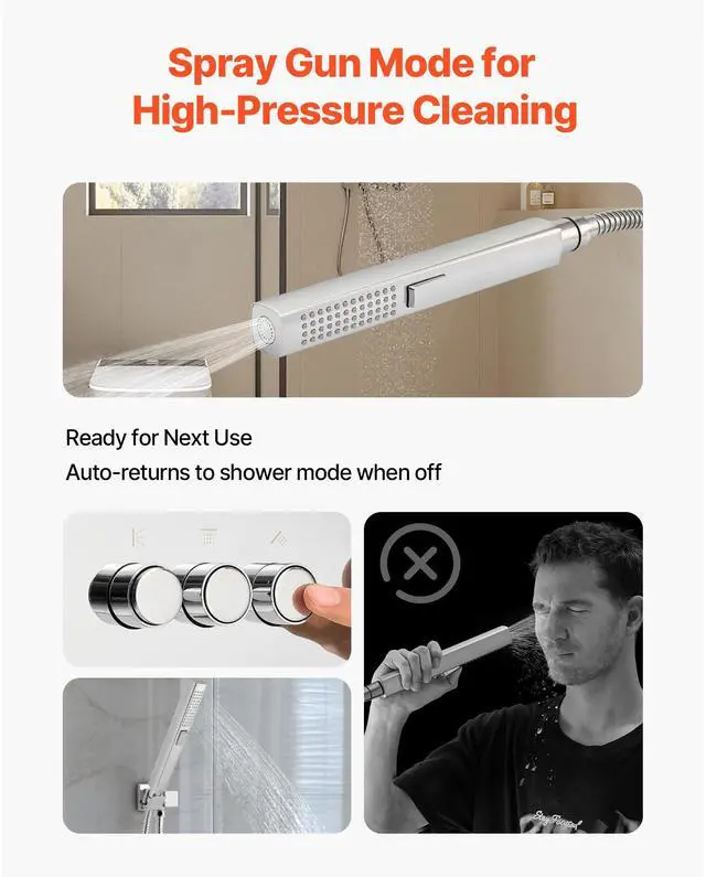 Alt view image 4 of 8 - VEVOR Shower Faucet Set, 10 Inch Ceiling Mount Rainfall Shower System with 6 Body Jets and 2 in 1 Handheld Spray, Rotatable 3-Function Rain Head System Set, Complete Brass Valve and Trim Kit, Chrome