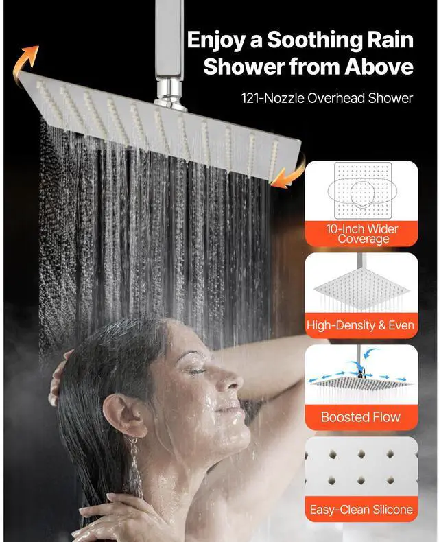 Alt view image 6 of 8 - VEVOR Shower Faucet Set, 10 Inch Ceiling Mount Rainfall Shower System with 6 Body Jets and 2 in 1 Handheld Spray, Rotatable 3-Function Rain Head System Set, Complete Brass Valve and Trim Kit, Chrome