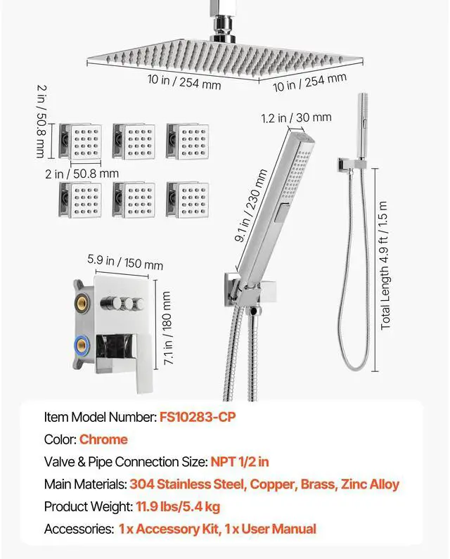 Alt view image 8 of 8 - VEVOR Shower Faucet Set, 10 Inch Ceiling Mount Rainfall Shower System with 6 Body Jets and 2 in 1 Handheld Spray, Rotatable 3-Function Rain Head System Set, Complete Brass Valve and Trim Kit, Chrome
