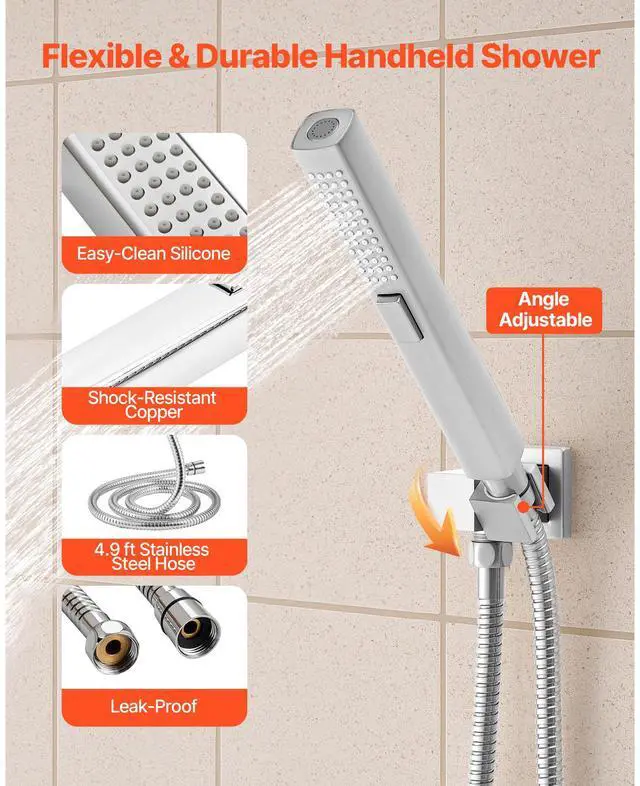 Alt view image 7 of 8 - VEVOR Shower Faucet Set, 10 Inch Ceiling Mount Rainfall Shower System with 6 Body Jets and 2 in 1 Handheld Spray, Rotatable 3-Function Rain Head System Set, Complete Brass Valve and Trim Kit, Chrome