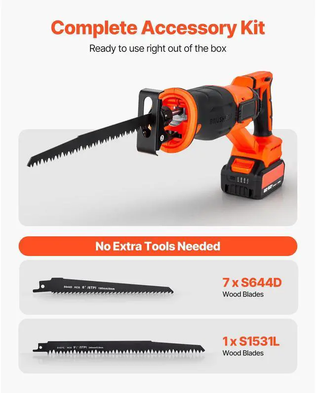 Alt view image 7 of 8 - VEVOR Cordless Reciprocating Saw, 20 V, 3000 SPM Variable Speed, 1 inch Stroke Length, Electric Reciprocating Saw with Battery, Charger, 8 Blades, and Carrying Bag, for Wood and Plastic Cutting