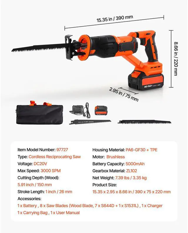 Alt view image 8 of 8 - VEVOR Cordless Reciprocating Saw, 20 V, 3000 SPM Variable Speed, 1 inch Stroke Length, Electric Reciprocating Saw with Battery, Charger, 8 Blades, and Carrying Bag, for Wood and Plastic Cutting
