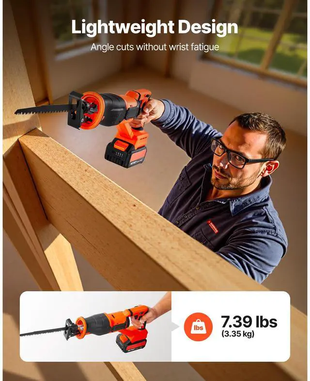 Alt view image 6 of 8 - VEVOR Cordless Reciprocating Saw, 20 V, 3000 SPM Variable Speed, 1 inch Stroke Length, Electric Reciprocating Saw with Battery, Charger, 8 Blades, and Carrying Bag, for Wood and Plastic Cutting