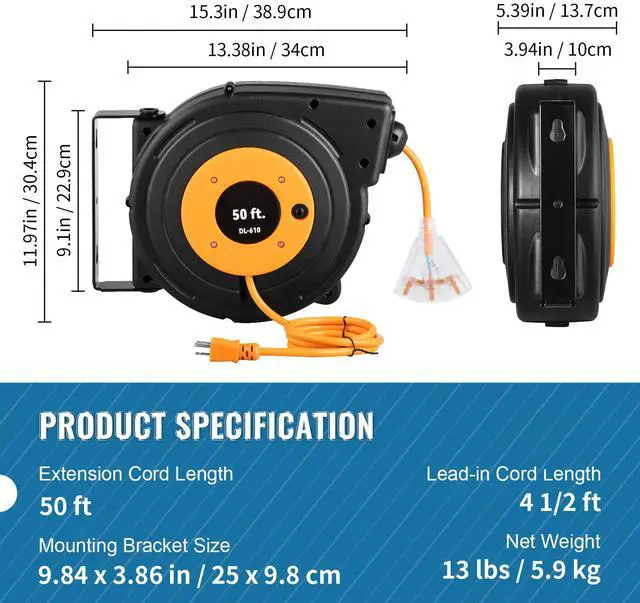 Alt view image 15 of 15 - VEVOR Retractable Extension Reel, 50 FT Heavy Duty 14AWG/3C SJTOW Power Cord with Lighted Triple Tap Outlet, 13 Amp Circuit Breaker, 180 Swivel Bracket for Ceiling or Wall Mount, UL Listed, Black