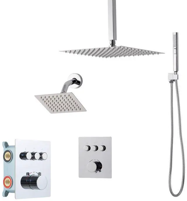 Alt view image 2 of 8 - VEVOR Shower Faucet Set, 12 Inch Thermostatic Ceiling Mount Rainfall Shower System with 6 Inch Wall Mount Head and 2 in 1 Handheld Spray, 3-Function Dual Rain Head Brass Valve and Trim Kit, Chrome
